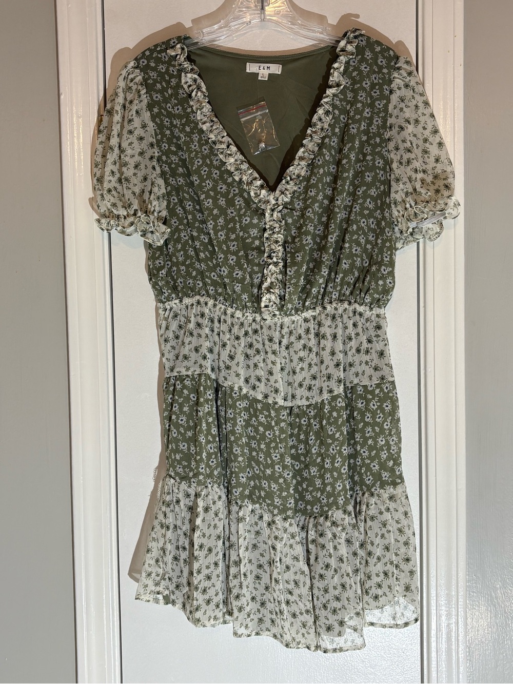 NWT Olive Green Floral Ruffle V-Neck Dress